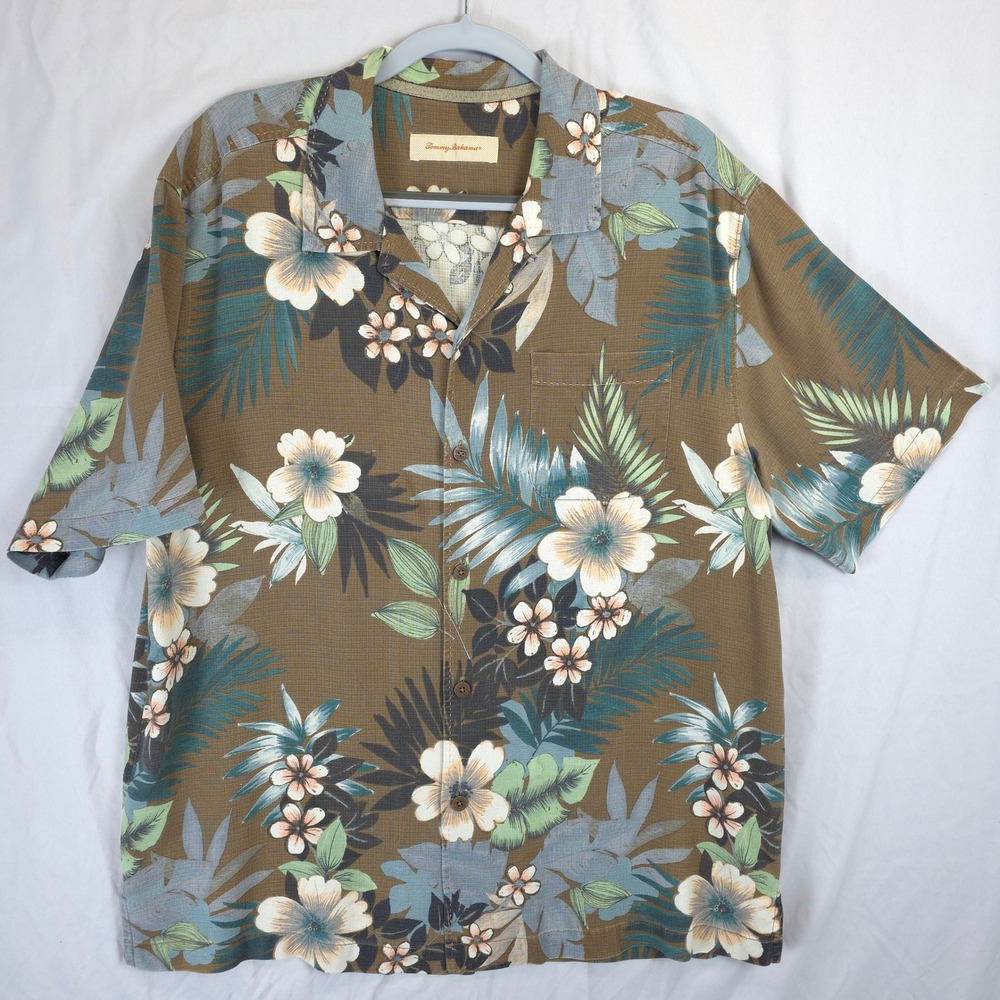 Tommy Bahama Silk Floral Palm Tropical Hawaiian Shirt Brown Blue Men XL Vacation